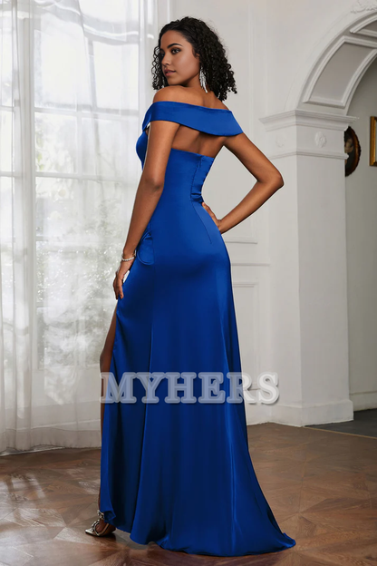 Formal Women's Dresses Off Shoulder Sleeveless Pleated Gown Side Fork Sweep Train Exquisite Charming Adoration Evening Dress