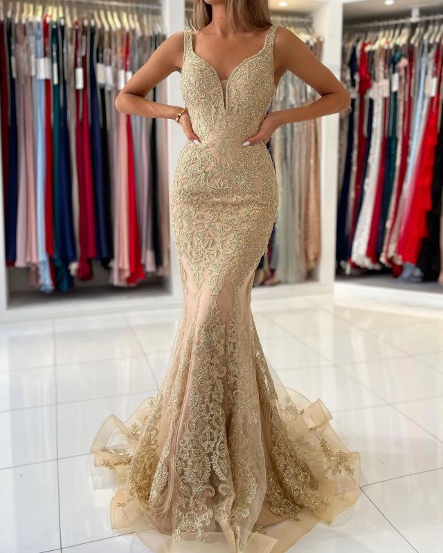 Sheath Mermaid Sweep/Brush Train Dresses V-Neck Sleeveless Long Evening Gown With Lace Floral