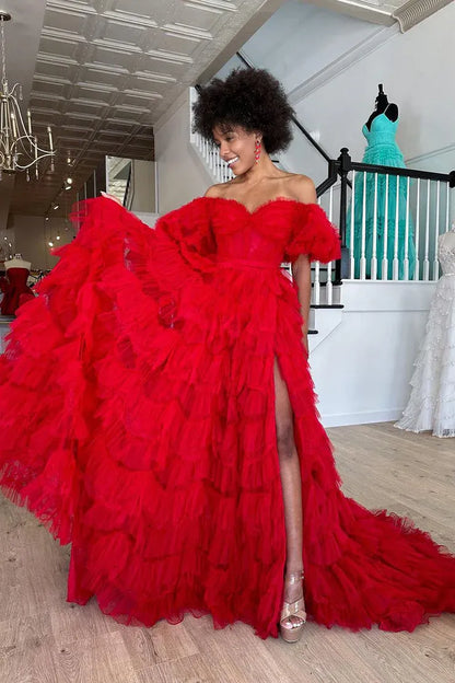 Ball Gown Off the Shoulder V-Neck Red Tulle Long Prom Dresses with Slit