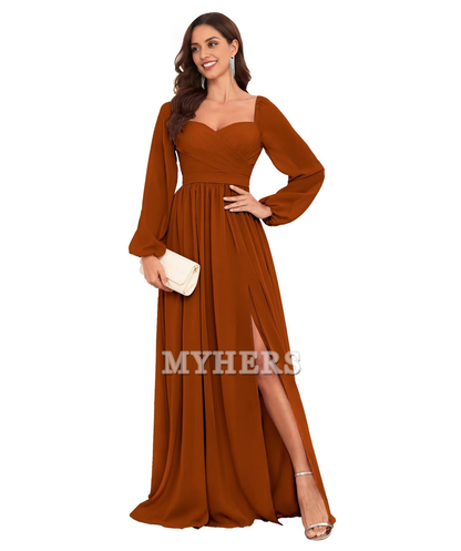 Sweetheart Long Sleeve Pleated Side Fork Chiffon Elegant Bridesmaid Dresses Wedding Guests Dresses