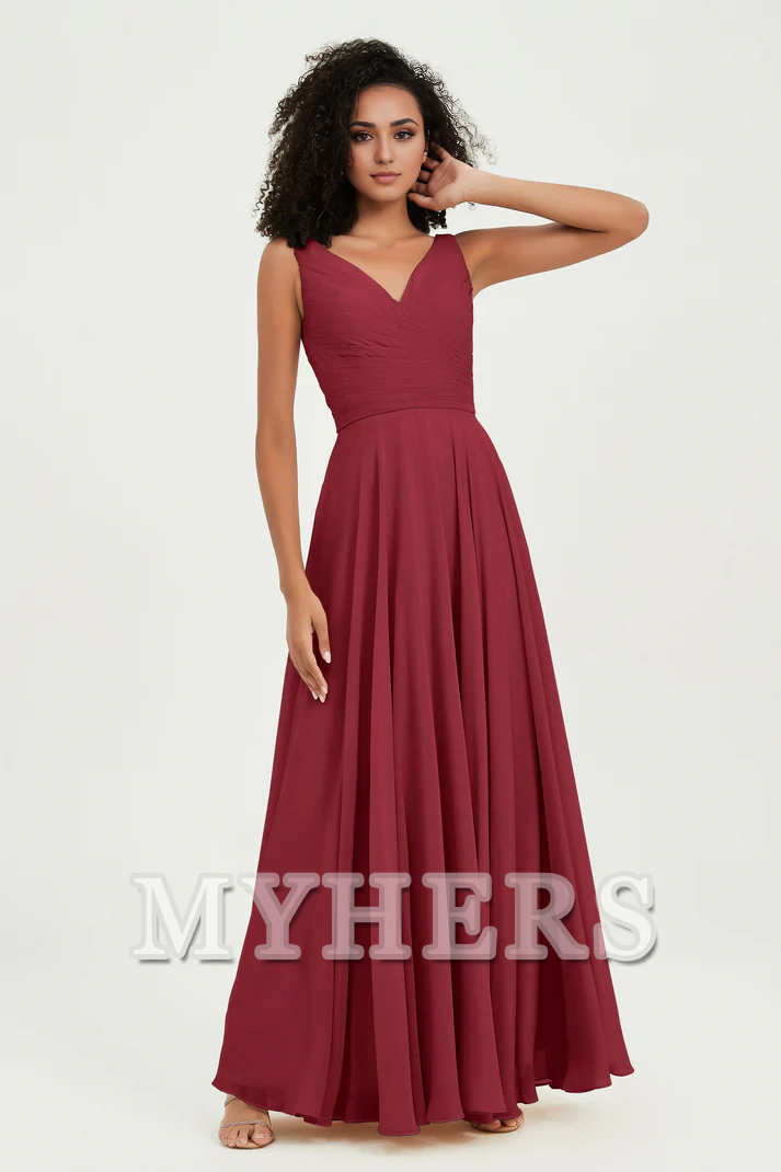 MY HERS Chiffon A-Line V-Neck Pleated Sleeveless Floor-Length Elegant Simple Wedding Guests Dresses