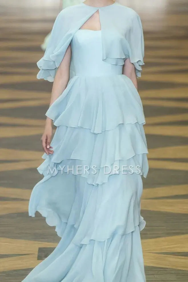 My Hers Prom Dress A Line Tiered Ruched Chiffon Flowing Romantic Elegant Ladies Formal Dress