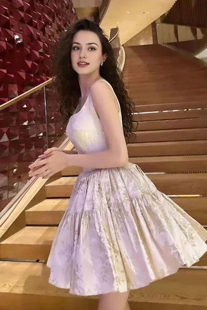 Cute A Line Square Neck Jacquard Satin Short Homecoming Dresses