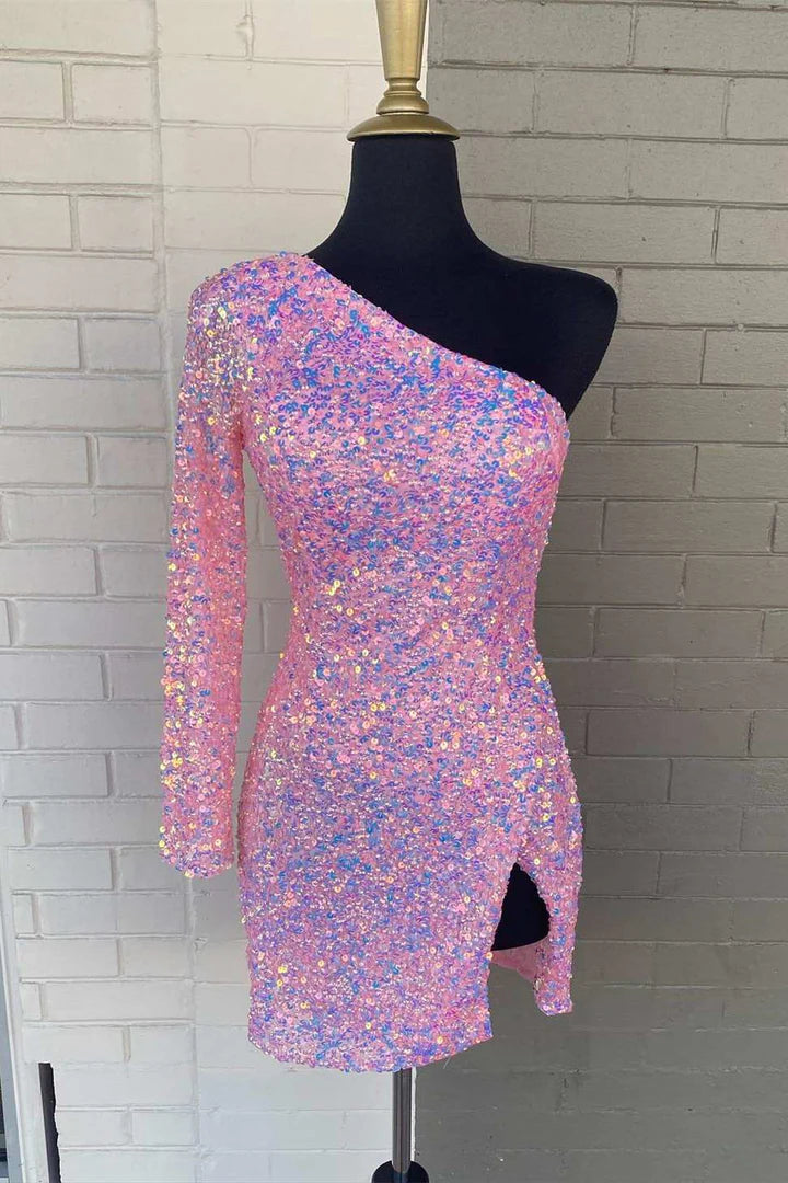 One Sleeve  Sequins Party Dress