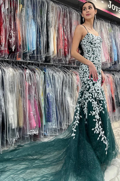 Straps Trumpet Long Formal Dress with White Appliques