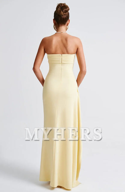 Strapless Ruched Thigh high split Exquisite Dresses Bridesmaid Dresses Wedding Guests Dresses
