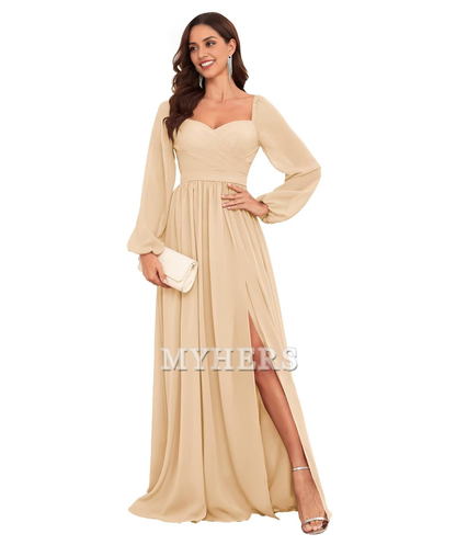 Sweetheart Long Sleeve Pleated Side Fork Chiffon Elegant Bridesmaid Dresses Wedding Guests Dresses