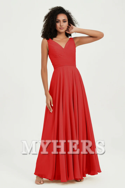 MY HERS Chiffon A-Line V-Neck Pleated Sleeveless Floor-Length Elegant Simple Wedding Guests Dresses