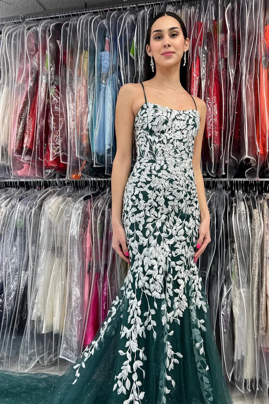 Straps Trumpet Long Formal Dress with White Appliques