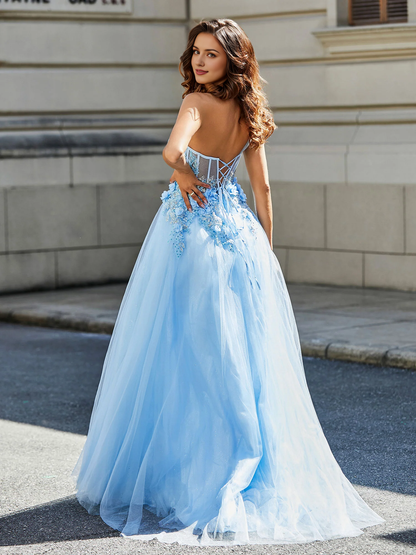 Tulle Dress Flower Applique Bodice High Slit Prom Dress