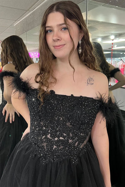 Lace Feather Off-the-Shoulder A-Line Prom Dress with Slit