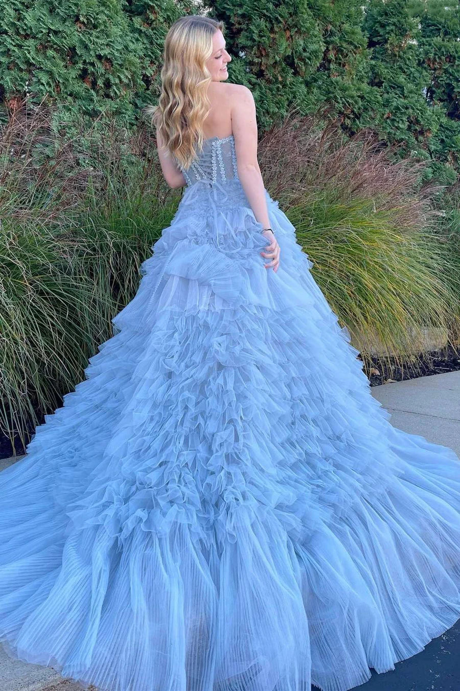Princess Periwinkle Strapless Tiered Prom Gown