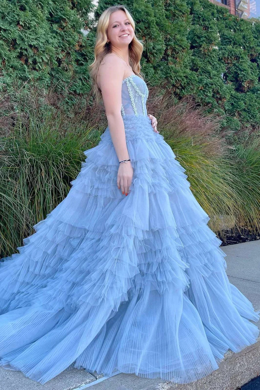 Princess Periwinkle Strapless Tiered Prom Gown