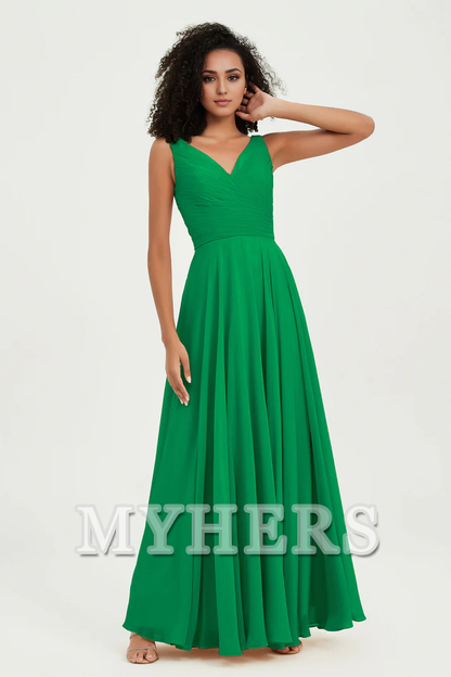 MY HERS Chiffon A-Line V-Neck Pleated Sleeveless Floor-Length Elegant Simple Wedding Guests Dresses