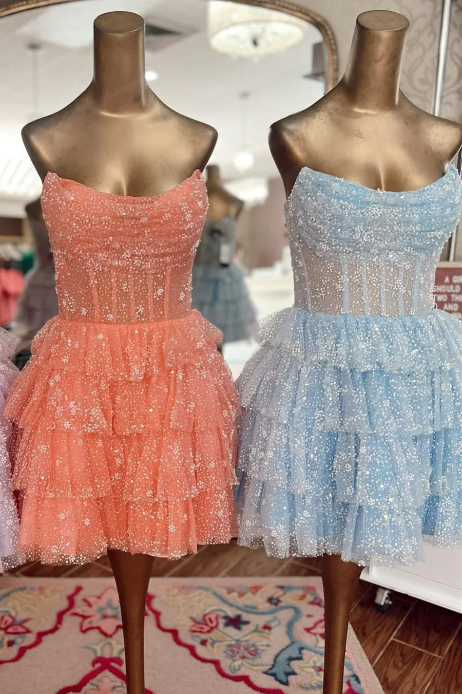 Tulle Beaded Strapless Tiered Short Gown