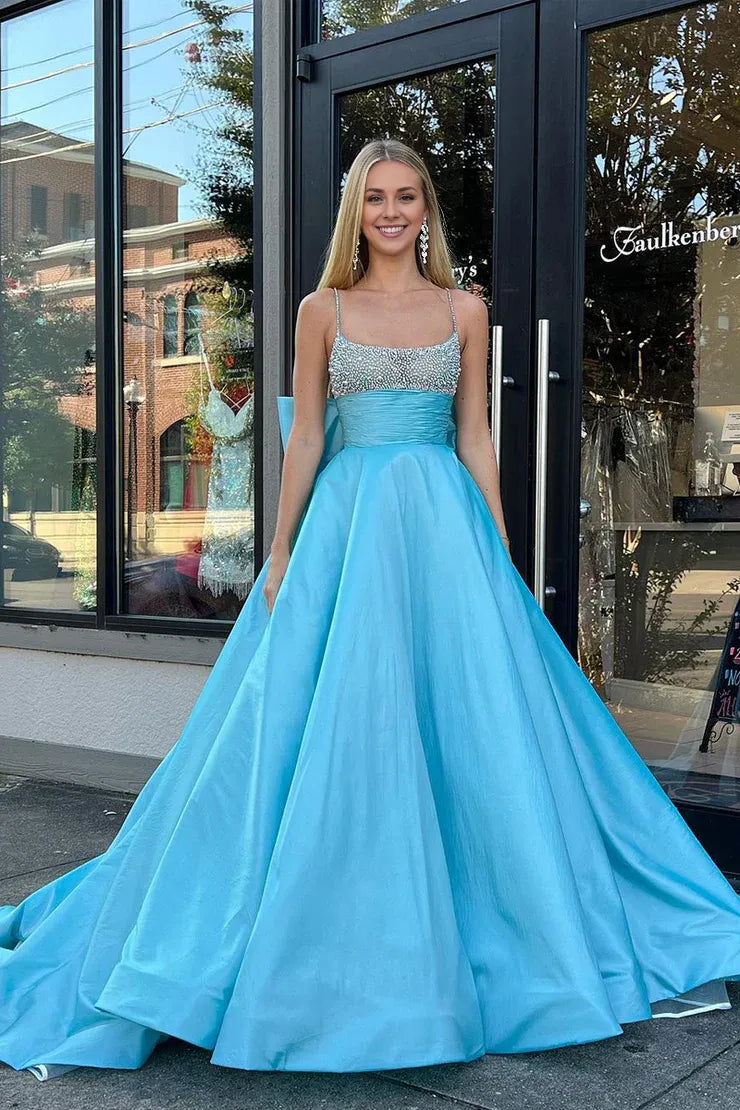 Charming Ball Gown Square Neck Spaghetti Strap Blue Satin Long Prom Dresses with Beading