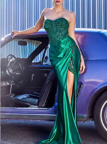 Sheath Mermaid  Sweep/Brush Train Dresses Strapless Applique Embroidery Long Prom Dress With Slit