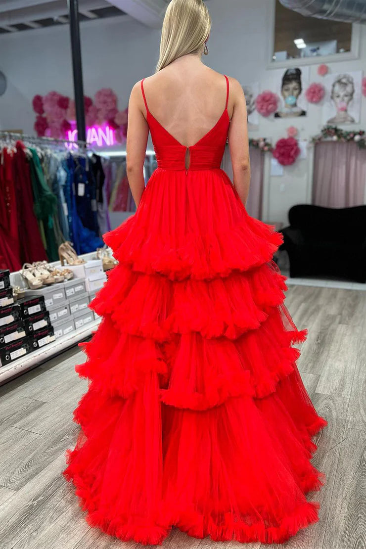 Cute A Line V Neck Spaghetti Strap Red Tulle Backless Long Prom Dresses