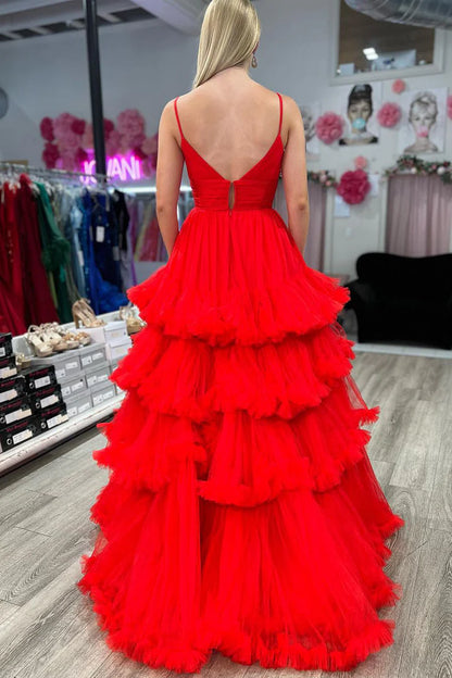 Cute A Line V Neck Spaghetti Strap Red Tulle Backless Long Prom Dresses