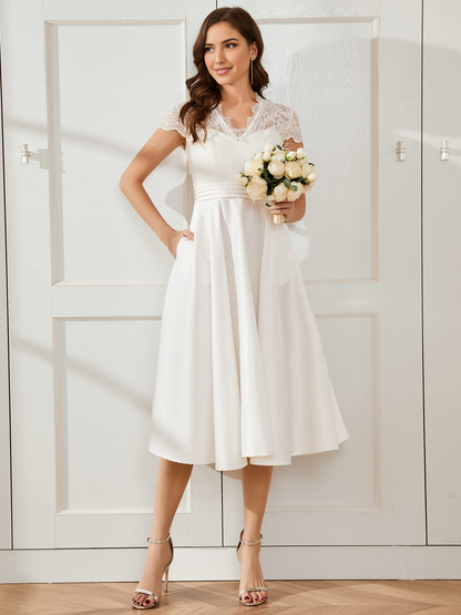 New Pattern Wedding Dress A-line V-neck Lace See-through Pleated Simple Formal Women's Dresses