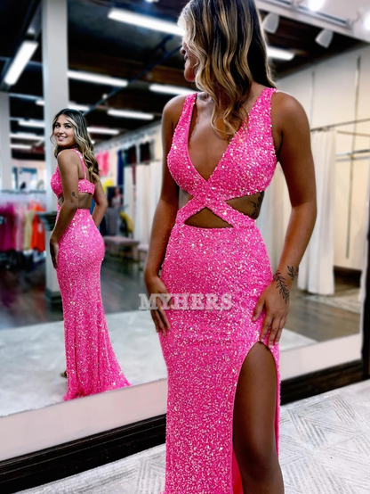Formal Wear Dresses Wedding Guest Dresses Deep V Neck Mermaid Sequins Prom Dress Side Fork Sexy Charming Evening Dress
