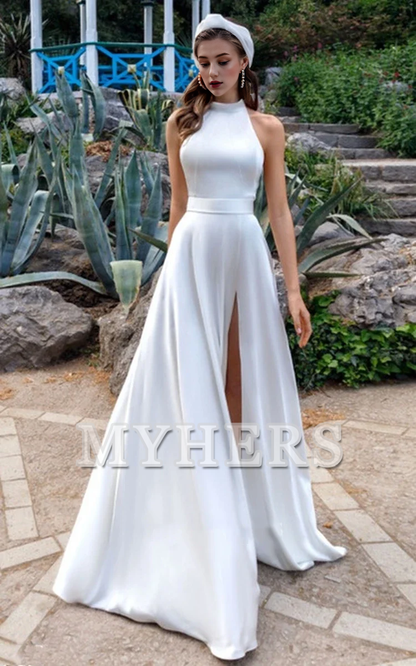 Formal Women's Dresses Wedding Guest Dresses A-Line Halter Backless Side Fork Sweep Train Fashion Elegant Simple Evening Dress