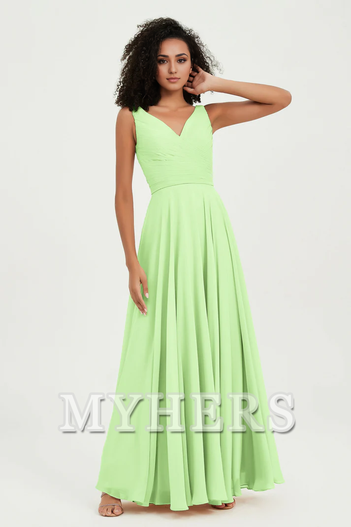 MY HERS Chiffon A-Line V-Neck Pleated Sleeveless Floor-Length Elegant Simple Wedding Guests Dresses