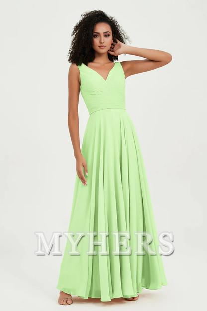 MY HERS Chiffon A-Line V-Neck Pleated Sleeveless Floor-Length Elegant Simple Wedding Guests Dresses