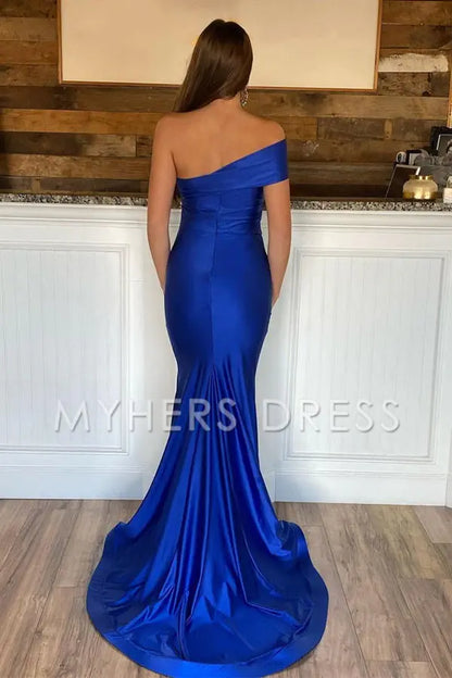 My Hers Ladies Formal Dress Mermaid One Shoulder Sleeveless Satin Side Fork Long Sweep Train Elegant Prom Dress