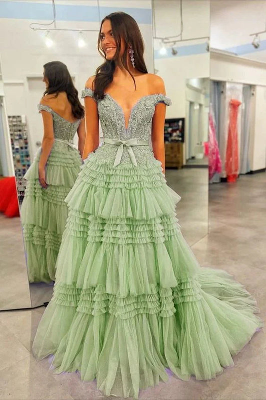 Sweep/Brush Train Dresses Off The Shoulder A-line Tulle Ruffles Layers Applique Long Prom Dress