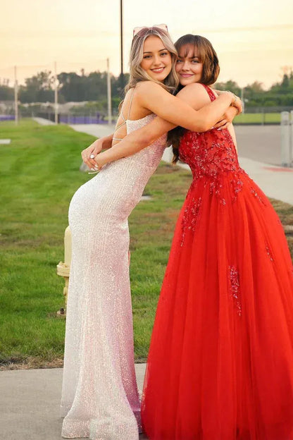 Charming Mermaid V Neck Spaghetti Strap Blush Pink Sequins Long Prom Dresses with Slit