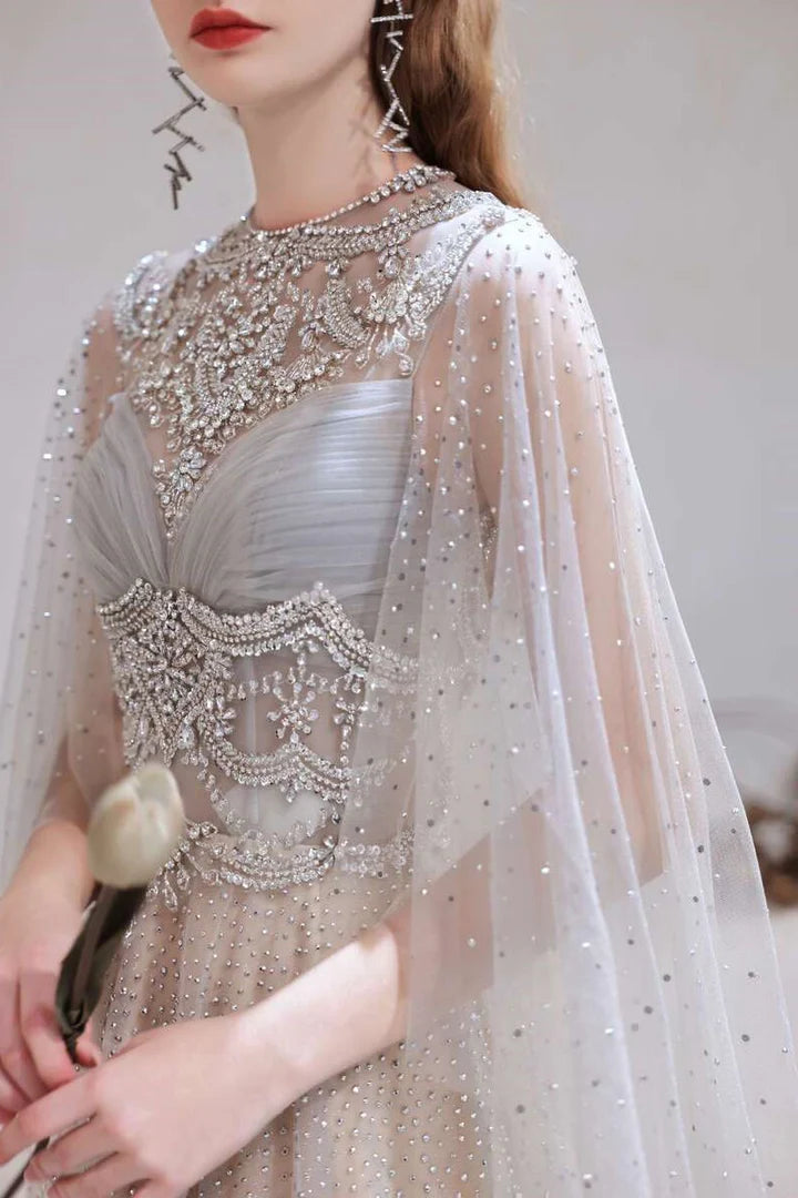 Glamorous  Tulle Beaded Long Prom Gown with Cape