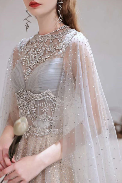 Glamorous  Tulle Beaded Long Prom Gown with Cape