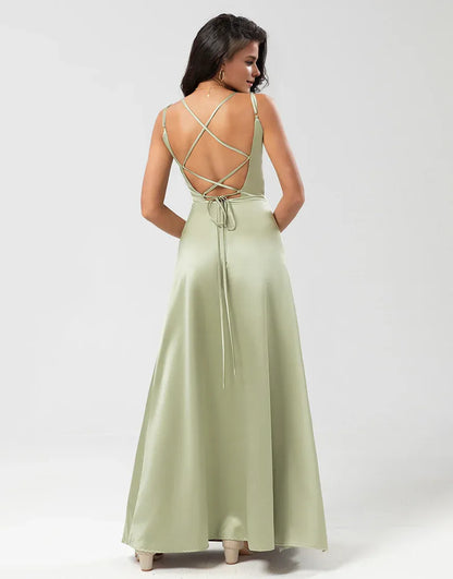 Satin Green Round Neck Spaghetti Strap Satin Bridesmaid Dress with Lace-up Back