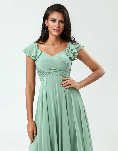 Lace-Up Back A Line V-Neck Chiffon Green Bridesmaid Dress with Ruffles