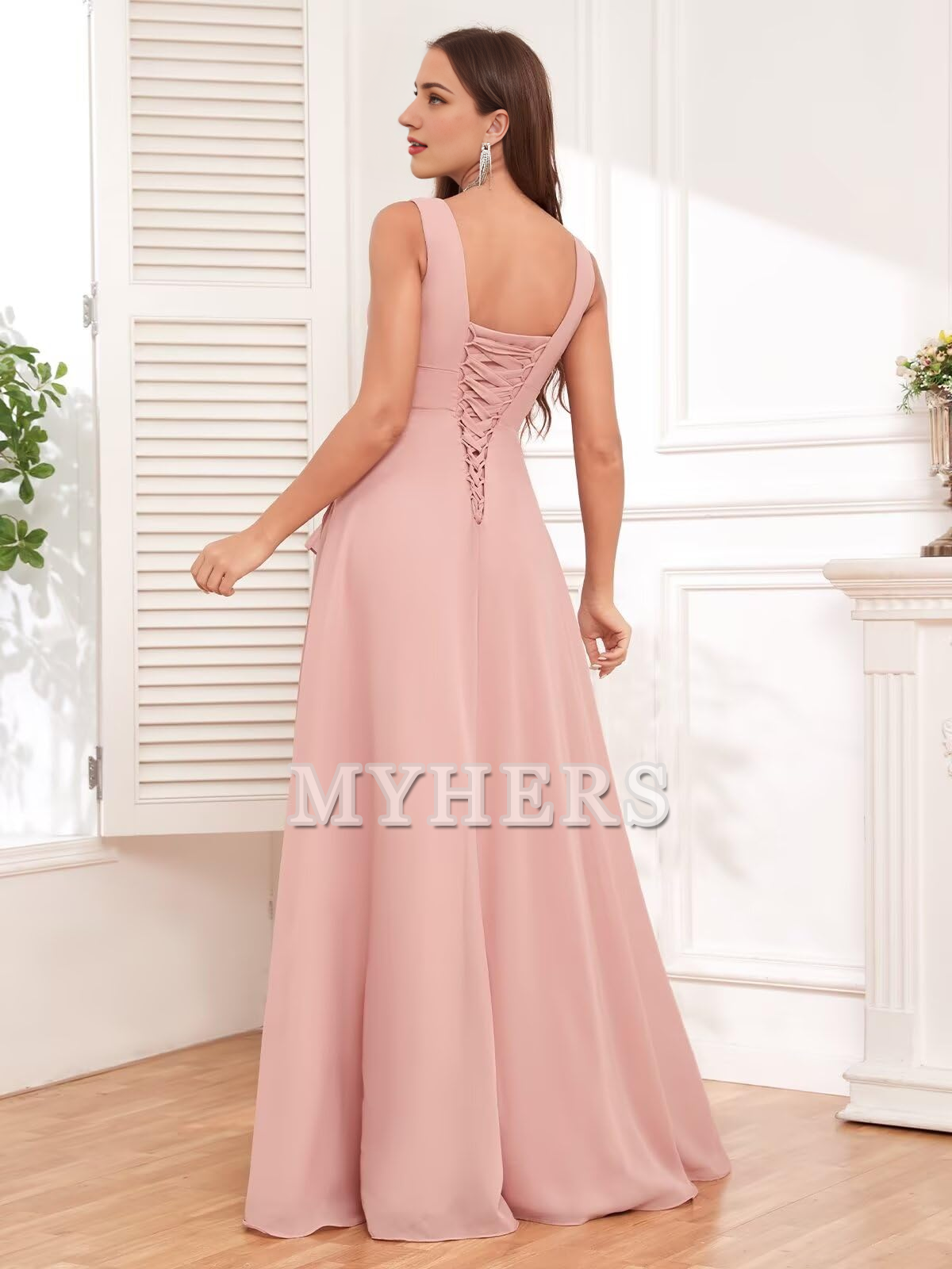 Elegant V Neck Chiffon Ruched Side Fork Long Bridesmaid Dresses Wedding Guests Dresses