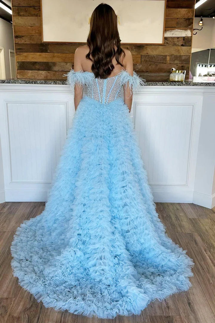 Beaded Feather Off-the-Shoulder Tiered Long Prom Dress with Ruffles