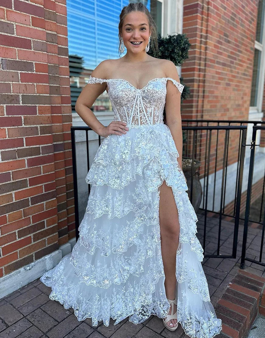 A-Line V Neck Tiered Long Prom Dress With Slit