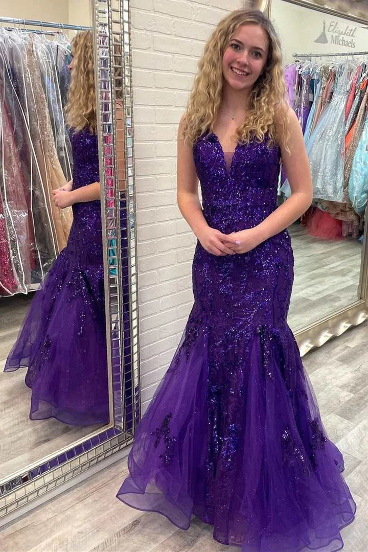 Tulle Applique Plunge V Trumpet Long Prom Dress