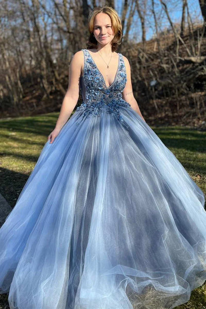Tulle V-Neck Long Prom Dress with 3D Floral Lace