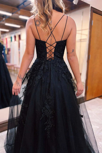 Applique Lace-Up Back A-Line Prom Dress