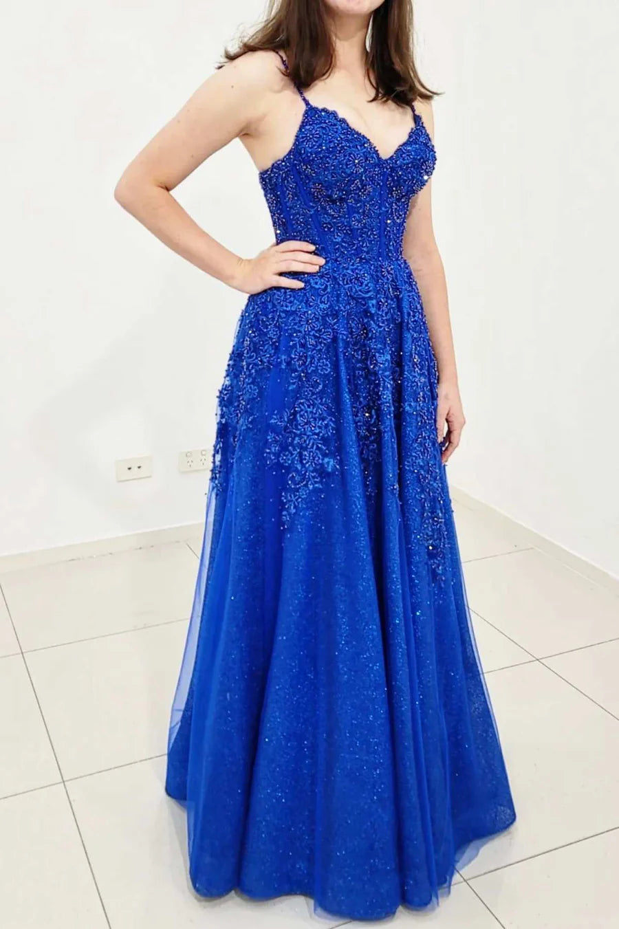 Stunning Blue Appliques V-Neck Lace-Up Back A-Line Prom Dress