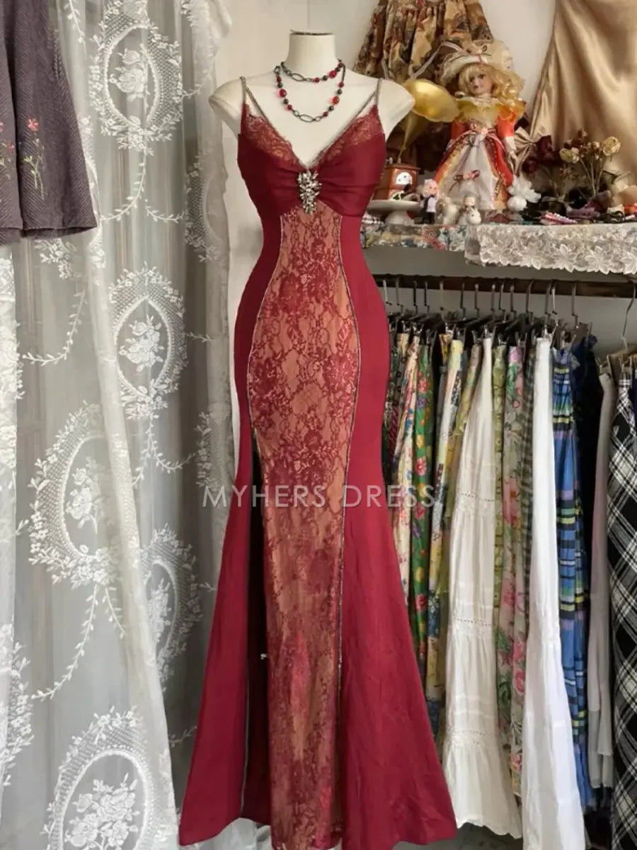 My Hers Prom Dress Mermaid V Neck Spaghetti Strap Lace Vintage Elegant Ladies Formal Dress