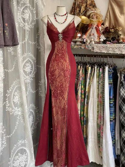 My Hers Prom Dress Mermaid V Neck Spaghetti Strap Lace Vintage Elegant Ladies Formal Dress