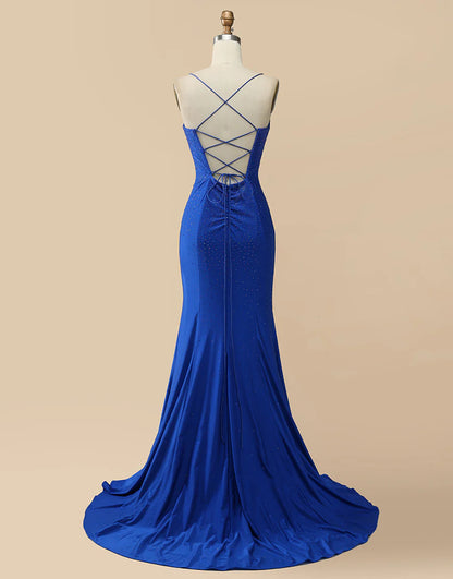 V-neck Beaded Mermaid Long Prom Dress