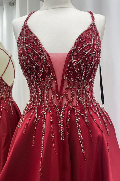 Satin Beaded V-Neck Backless Long Prom Dress