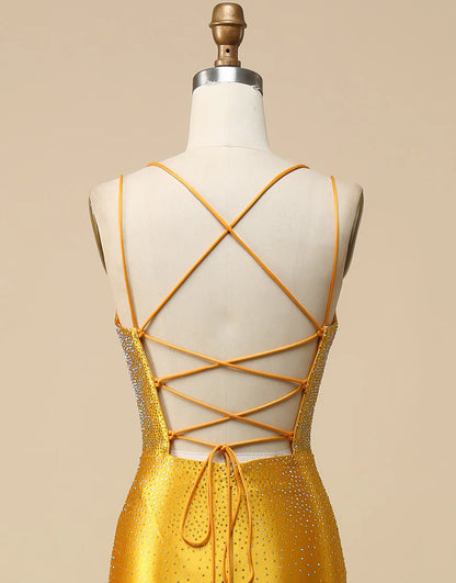 Gold Mermaid V-neck Beaded Long Prom Dress