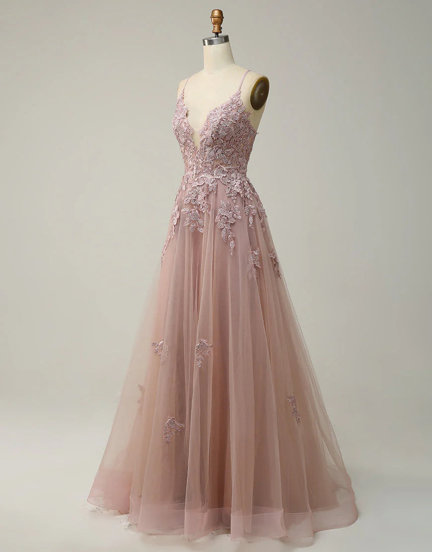 A-Line Tulle Appliques Long Prom Dress With Slit
