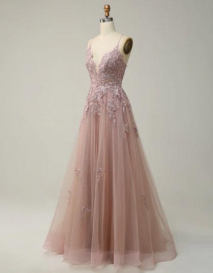 A-Line Tulle Appliques Long Prom Dress With Slit