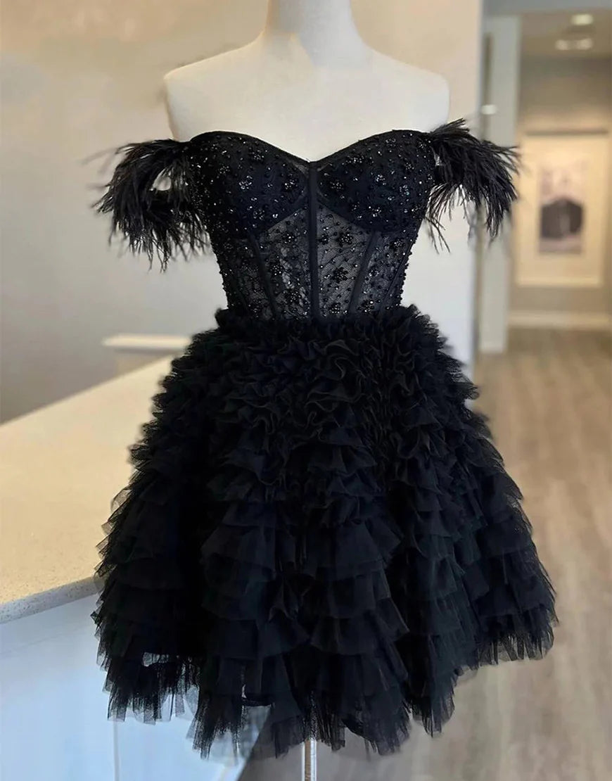 Off the Shoulder Glitter A Line Cute Homecoming Dress with Feathers